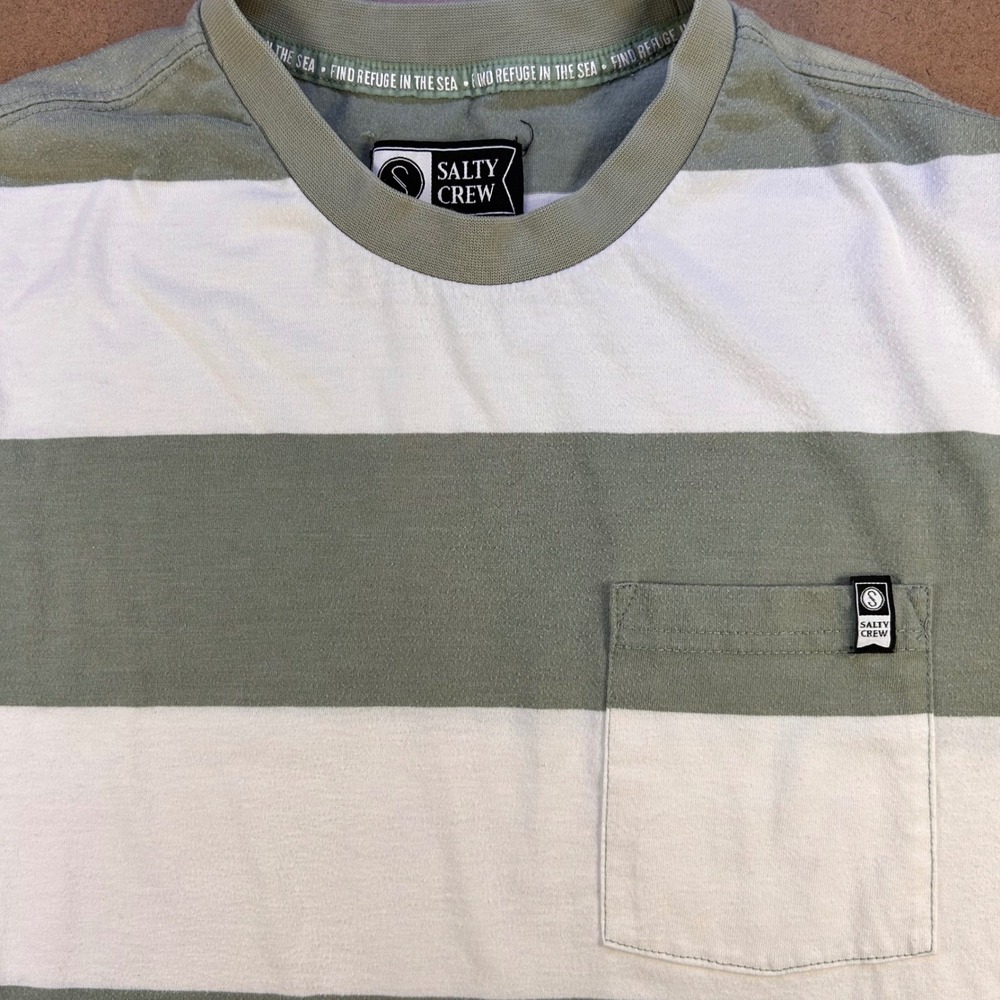 Salty Crew Striped Short Sleeve Pocket Tee Mens Medium Green White Casual Beach
